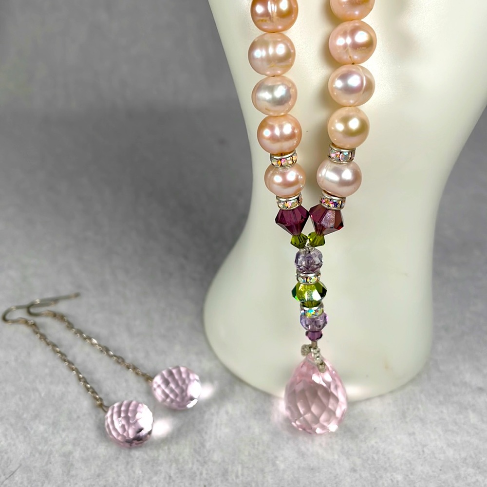 Vintage Pearl and Austrian Crystal Necklace With Earrings